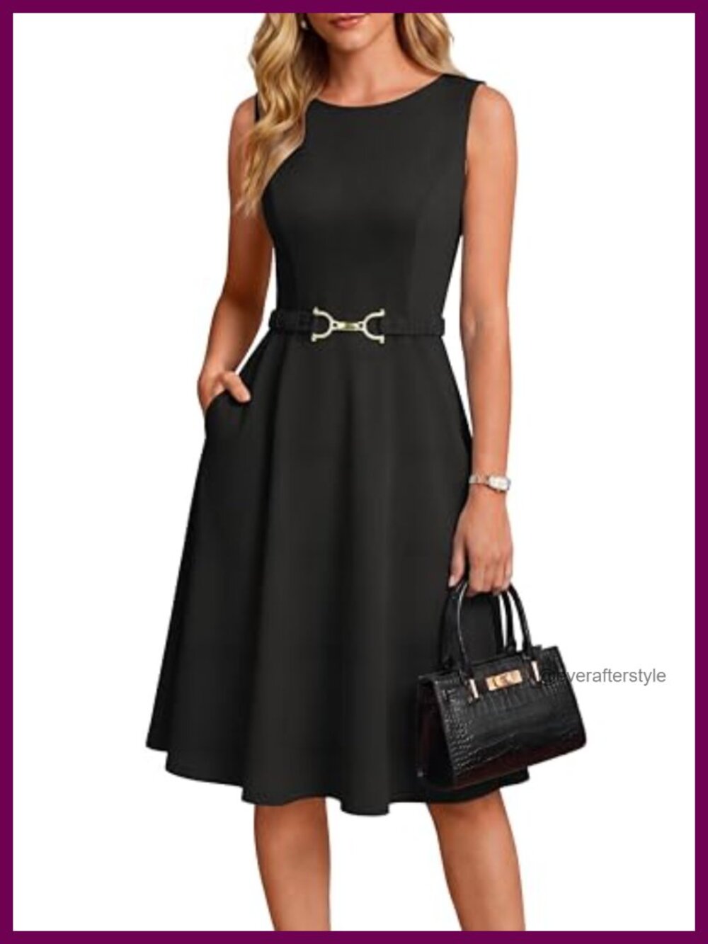 Sleeveless Midi Dress Work Business Flowy Elastic Belt Pockets